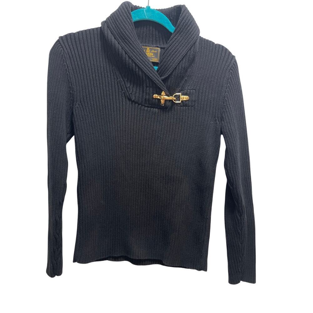 Lauren Ralph Lauren Medium Black Cotton Ribbed Shawl Collar Toggle Sweater LRL